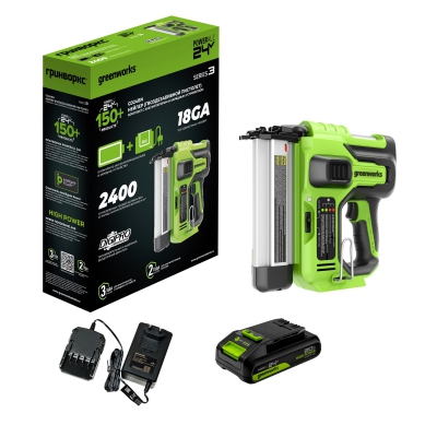 Нейлер (гвоздезабиватель) аккумуляторный Greenworks GD24BNK2 24В 3400707CUA Нейлер (гвоздезабиватель) аккумуляторный Greenworks GD24BNK2 24В 3400707CUA