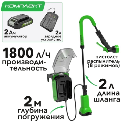 Насос аккумуляторный для полива из бочки Greenworks G24SWPK2 24V (3401007UA)